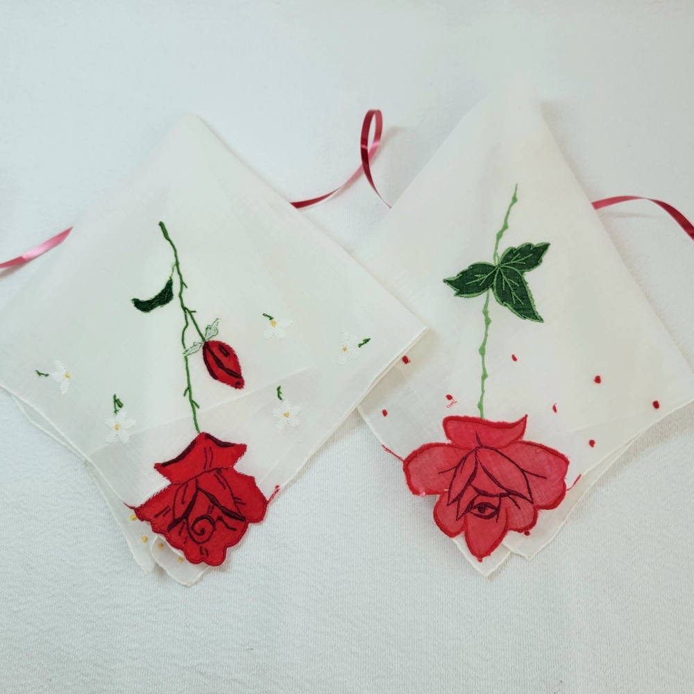 Vintage Rose Handkerchiefs, Red Applique Roses, Embroidered Hankies